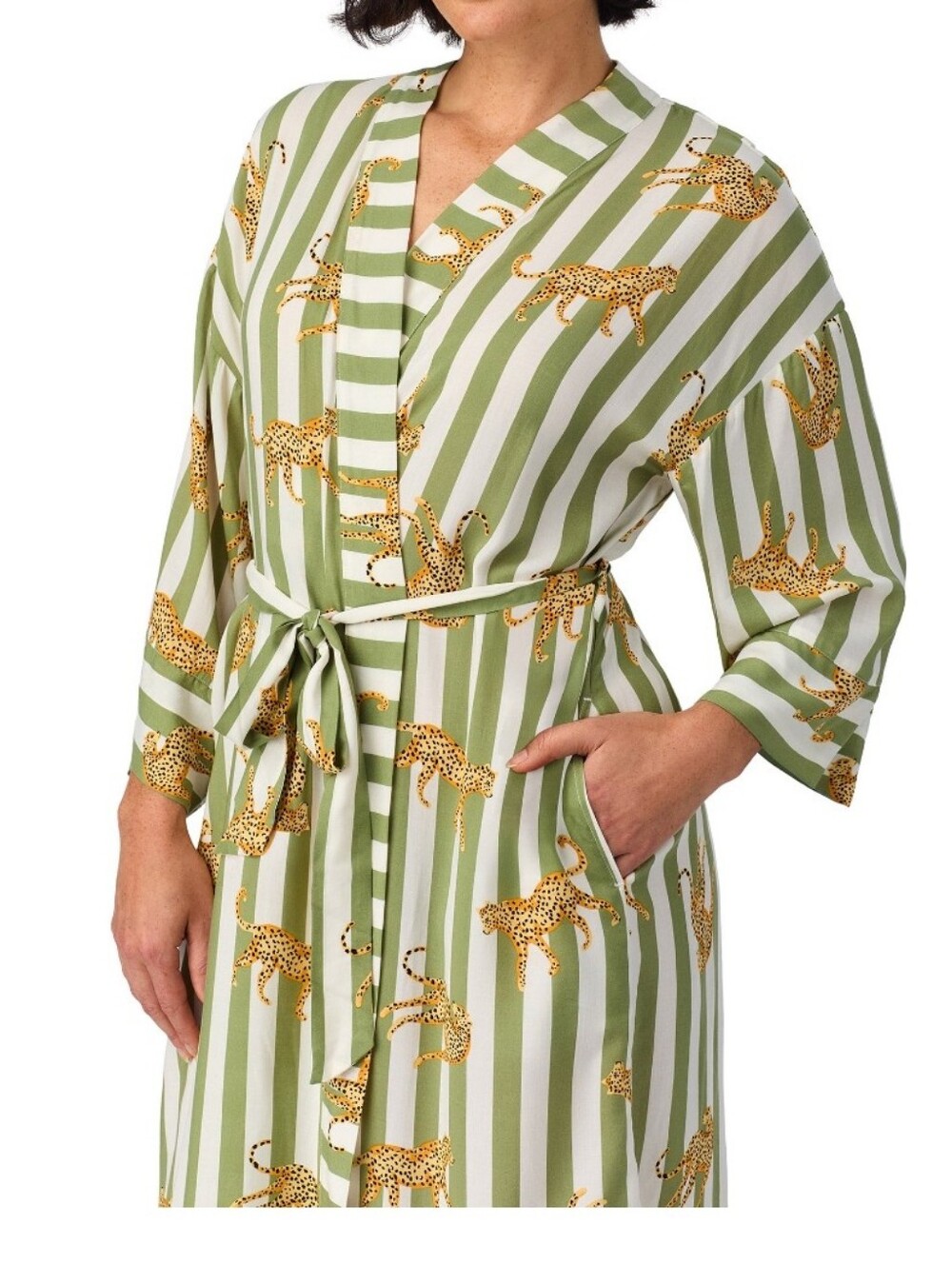 Room Service Women's Green Stripe & Leopard Print Robe (Size Small)